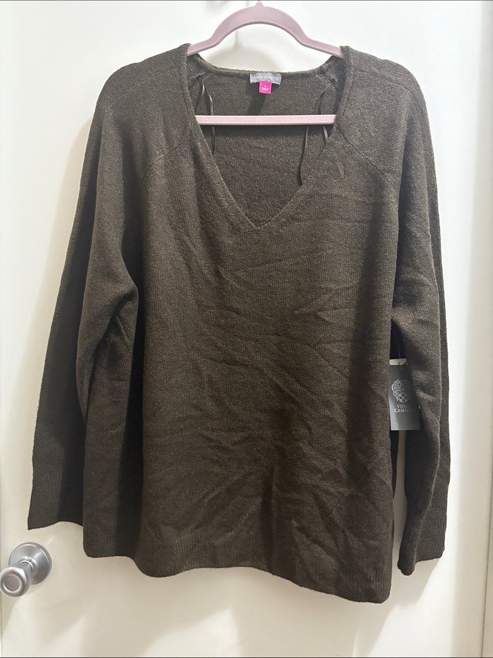 Vince Camuto Olive Green V-Neck Lightweight Knit Sweater